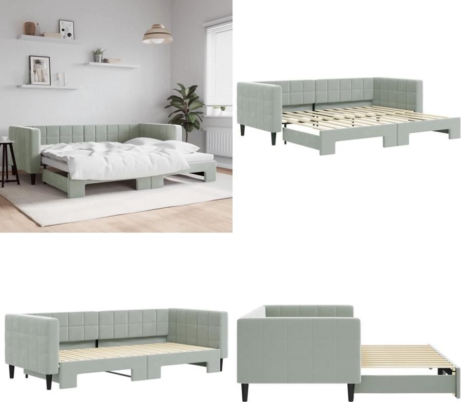 VidaXL Slaapbank met onderschuifbed 90x200 cm fluweel lichtgrijs Slaapbank Met Onderschuifbed Slaapbanken Met Onderschuifbedden Slaapbank Bedbank