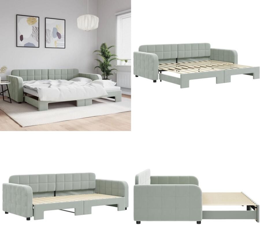 VidaXL Slaapbank met onderschuifbed 90x200 cm fluweel lichtgrijs Slaapbank Met Onderschuifbed Slaapbanken Met Onderschuifbedden Slaapbank Bedbank