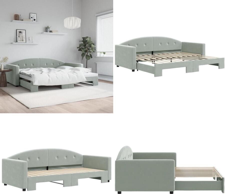 VidaXL Slaapbank met onderschuifbed 90x200 cm fluweel lichtgrijs Slaapbank Slaapbanken Slaapbank Met Onderschuifbed Bankbed