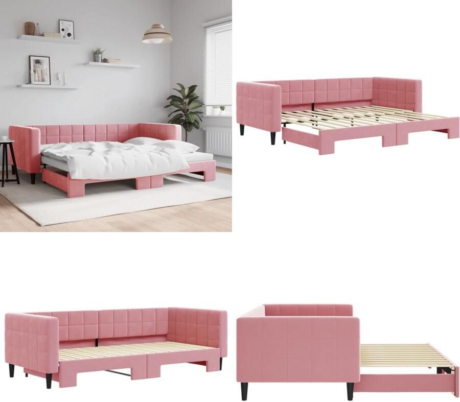 VidaXL Slaapbank met onderschuifbed 90x200 cm fluweel roze Slaapbank Met Onderschuifbed Slaapbanken Met Onderschuifbedden Slaapbank Bedbank
