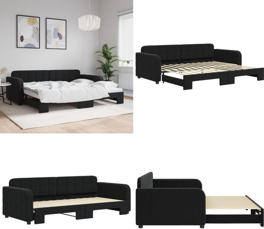 VidaXL Slaapbank met onderschuifbed 90x200 cm fluweel zwart Slaapbank Met Onderschuifbed Slaapbanken Met Onderschuifbedden Slaapbank Bedbank