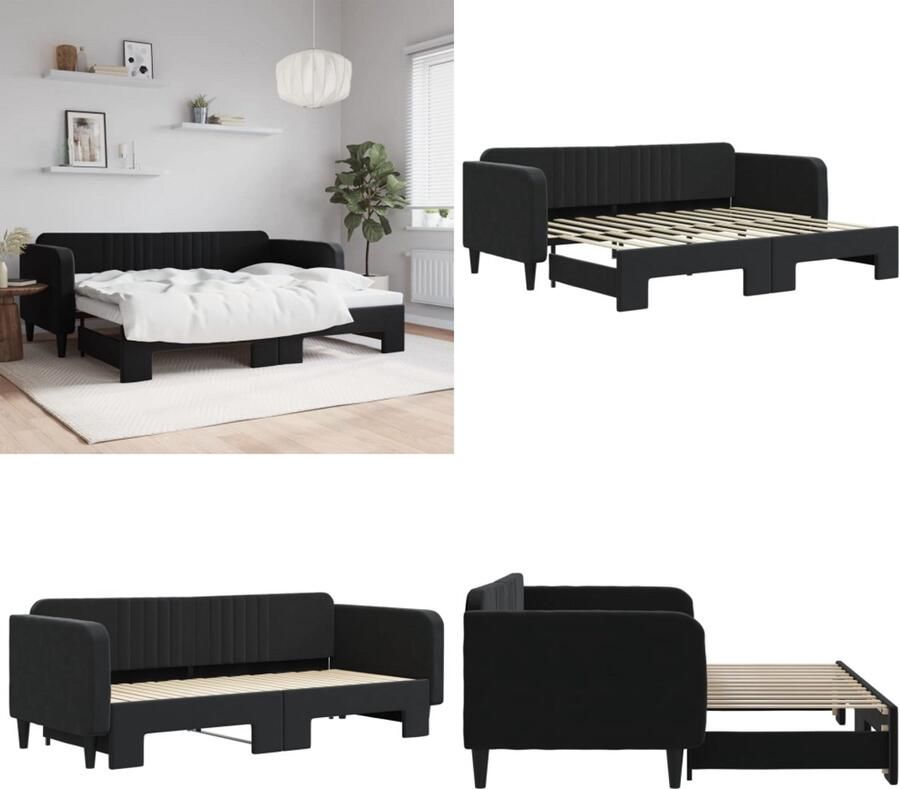 VidaXL Slaapbank met onderschuifbed 90x200 cm fluweel zwart Slaapbank Met Onderschuifbed Slaapbanken Met Onderschuifbedden Slaapbank Bedbank