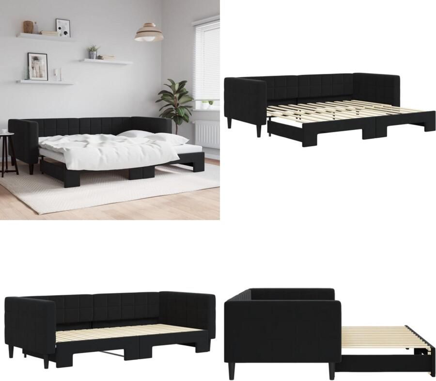 VidaXL Slaapbank met onderschuifbed 90x200 cm fluweel zwart Slaapbank Met Onderschuifbed Slaapbanken Met Onderschuifbedden Slaapbank Bedbank