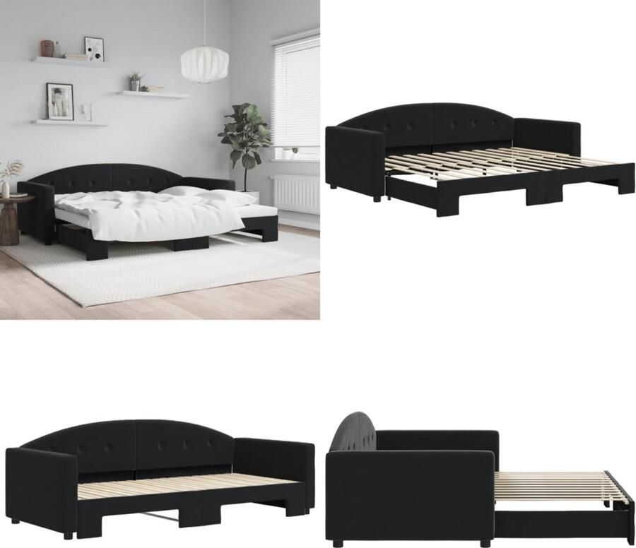 VidaXL Slaapbank met onderschuifbed 90x200 cm fluweel zwart Slaapbank Slaapbanken Slaapbank Met Onderschuifbed Bankbed