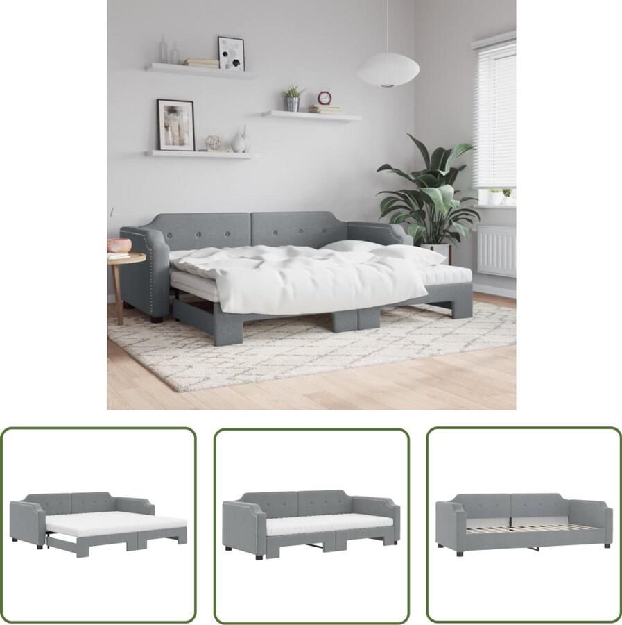 VidaXL Slaapbank met onderschuifbed 90x200 cm Lichtgrijs Slaapbank Sofa Bed Tweepersoonsbed Comfortabel Matras Multifunctioneel Meubilair Grijs Stoffen Bank - Foto 2