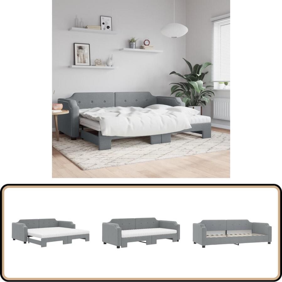 VidaXL Slaapbank met onderschuifbed 90x200 cm Lichtgrijs Slaapbank Sofa Bed Tweepersoonsbed Comfortabel Matras Multifunctioneel Meubilair Grijs Stoffen Bank