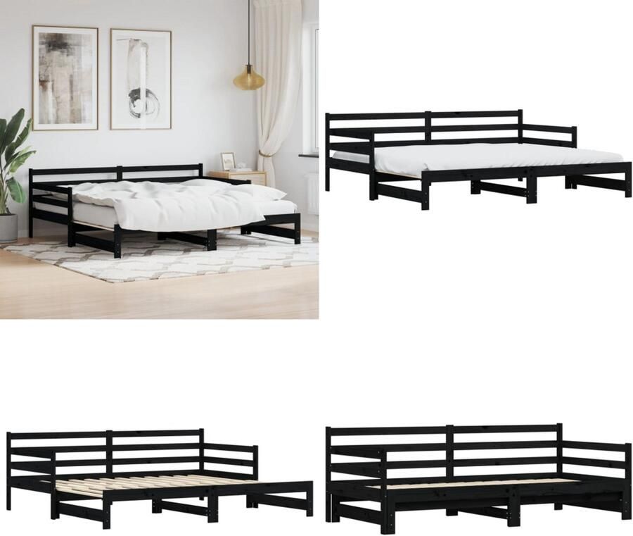 VidaXL Slaapbank met onderschuifbed 90x200 cm massief grenenhout zwart Slaapbank Met Onderschuifbed Slaapbanken Met Onderschuifbedden Slaapbank Bedbank