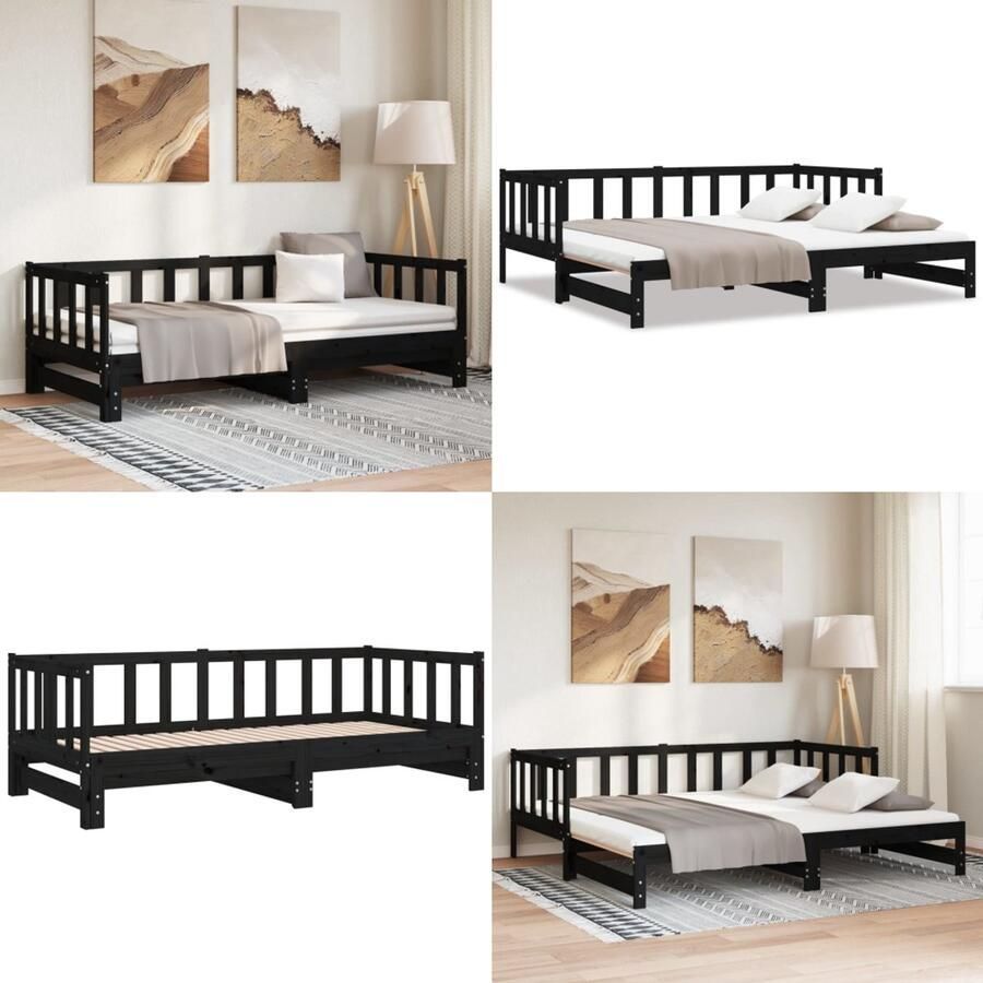 VidaXL Slaapbank met onderschuifbed 90x200 cm massief grenenhout zwart Slaapbank Slaapbanken Bedbank Bankbed