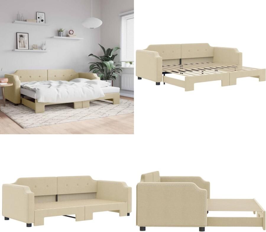 VidaXL Slaapbank met onderschuifbed 90x200 cm stof crèmekleurig Slaapbank Met Onderschuifbed Slaapbanken Met Onderschuifbedden Slaapbank Bedbank