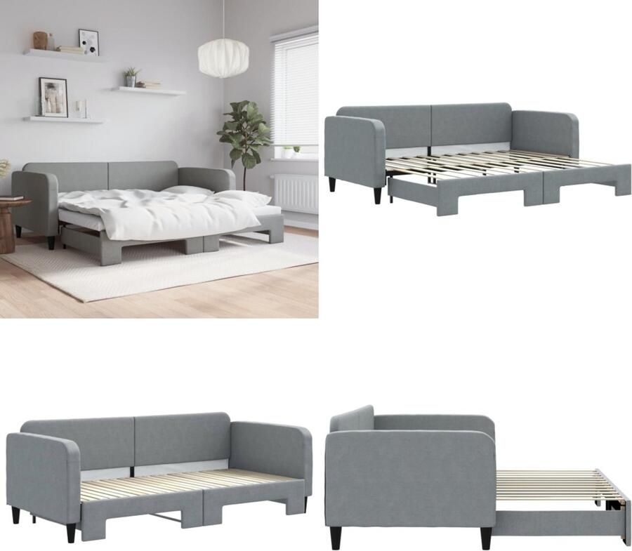 VidaXL Slaapbank met onderschuifbed 90x200 cm stof lichtgrijs Slaapbank Met Onderschuifbed Slaapbanken Met Onderschuifbedden Slaapbank Bedbank