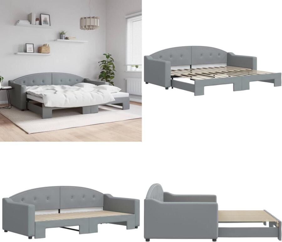 VidaXL Slaapbank met onderschuifbed 90x200 cm stof lichtgrijs Slaapbank Met Onderschuifbed Slaapbanken Met Onderschuifbedden Slaapbank Bedbank