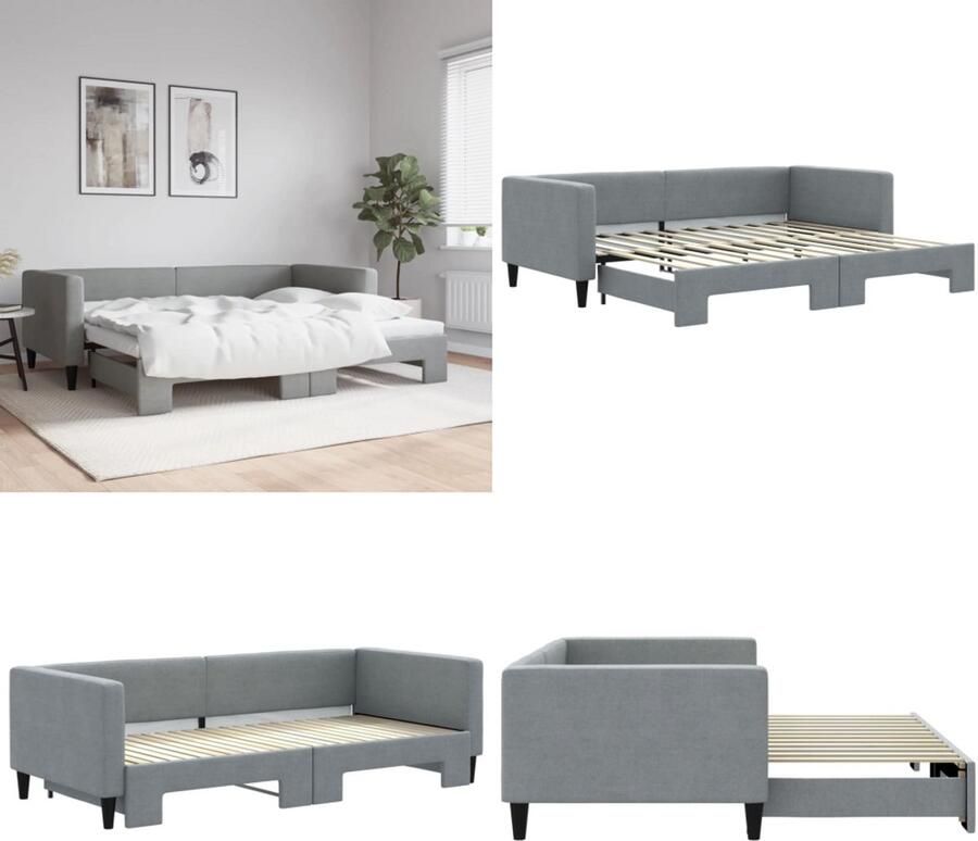 VidaXL Slaapbank met onderschuifbed 90x200 cm stof lichtgrijs Slaapbank Met Onderschuifbed Slaapbanken Met Onderschuifbedden Slaapbank Bedbank