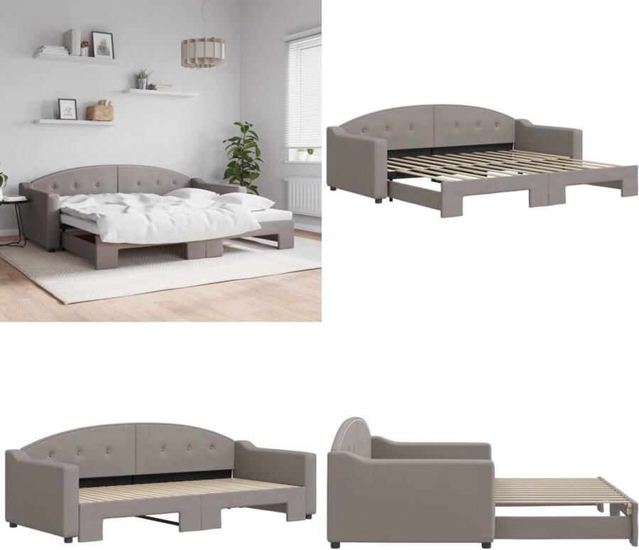 VidaXL Slaapbank met onderschuifbed 90x200 cm stof taupe Slaapbank Met Onderschuifbed Slaapbanken Met Onderschuifbedden Slaapbank Bedbank