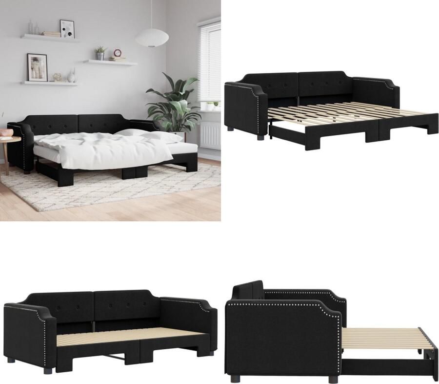 VidaXL Slaapbank met onderschuifbed 90x200 cm stof zwart Slaapbank Met Onderschuifbed Slaapbanken Met Onderschuifbedden Slaapbank Bedbank