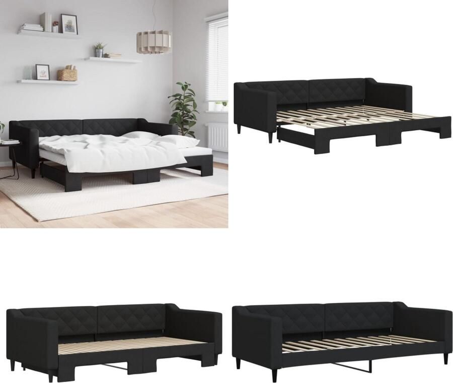 VidaXL Slaapbank met onderschuifbed 90x200 cm stof zwart Slaapbank Met Onderschuifbed Slaapbanken Met Onderschuifbedden Slaapbank Bedbank