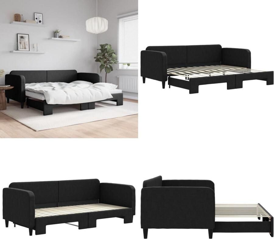 VidaXL Slaapbank met onderschuifbed 90x200 cm stof zwart Slaapbank Met Onderschuifbed Slaapbanken Met Onderschuifbedden Slaapbank Bedbank