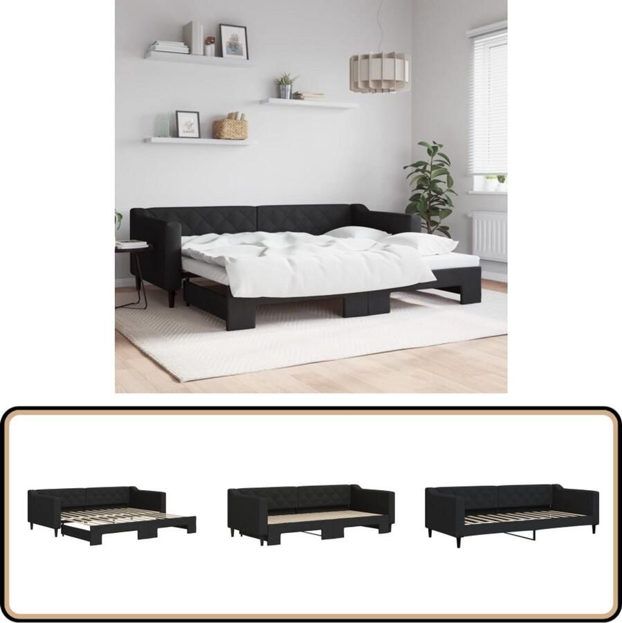 VidaXL Slaapbank met onderschuifbed 90x200 cm Zwart Slaapbank Sofa Bed Tweepersoons Bed Zwarte Slaapbank Stoffen Slaapbank Compact Bed Multifunctioneel Meubilair Guest Bed
