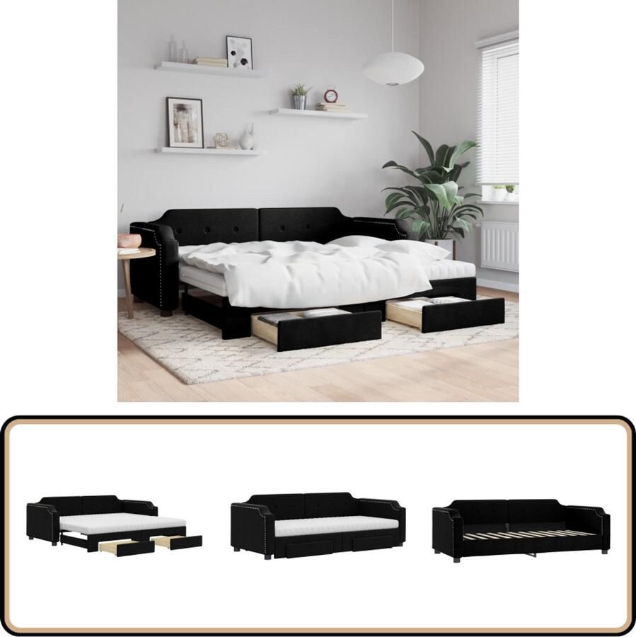 VidaXL Slaapbank met onderschuifbed 90x200 cm Zwart Slaapbank Sofa Bed Tweepersoonsbed Boxspring Opbergbanken Meubels Livingroom Furniture