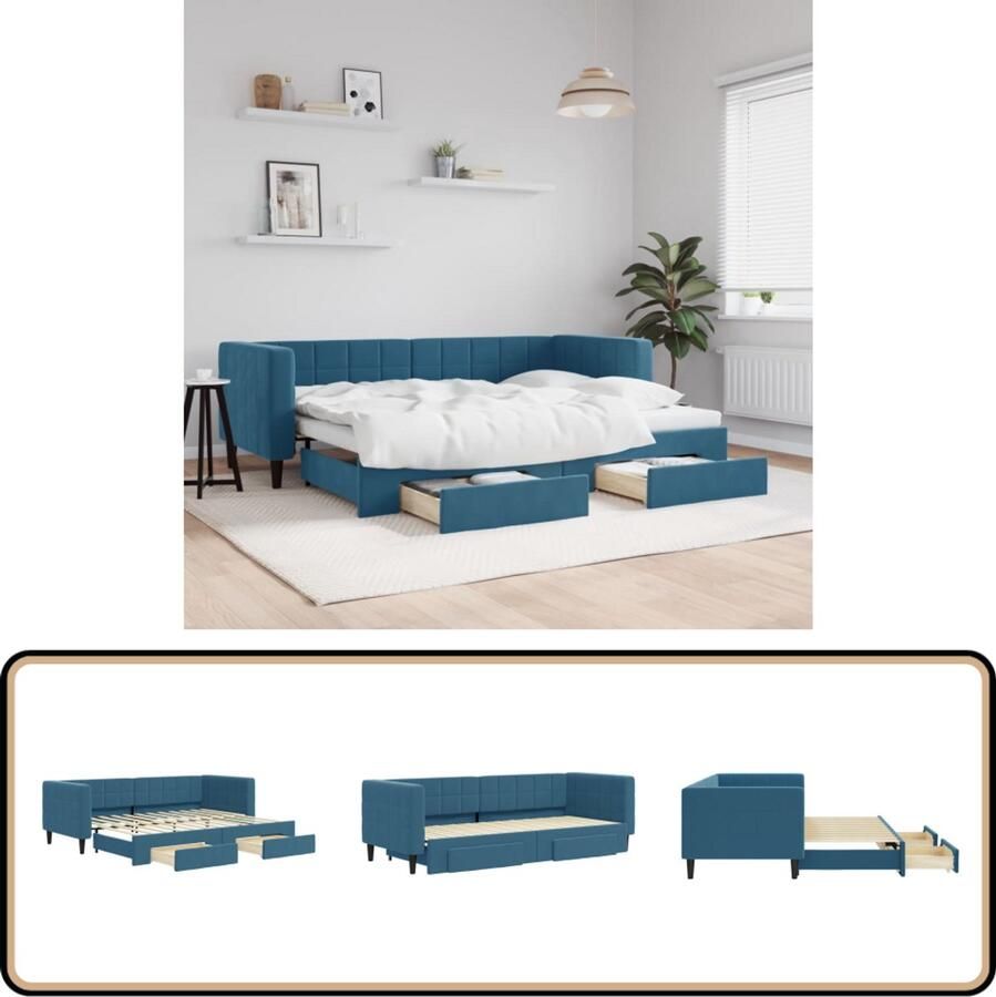 VidaXL Slaapbank met onderschuifbed Blauw Fluweel Slaapbank Tweepersoonsbed Kanapé Bed Lounge Sofa Boxspring