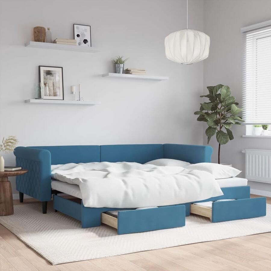 VidaXL Slaapbank met Onderschuifbed Blauw Fluweel Slaapbank Tweepersoonsbed Onder Schuifbed Boxspring Lounge Sofa Multifunctioneel Meubilair Designmeubel Woonkamer Slaapkamer Blauwe Meubels Fluweel Meubel Compact Meubilair - Foto 2