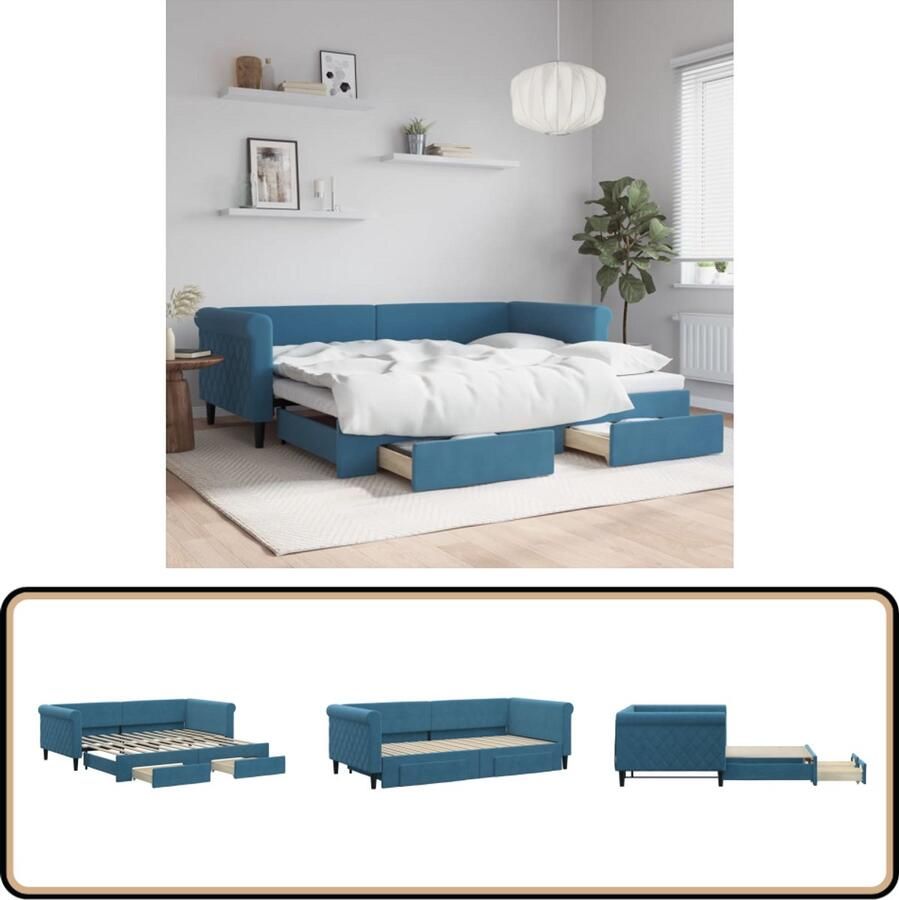 VidaXL Slaapbank met Onderschuifbed Blauw Fluweel Slaapbank Tweepersoonsbed Onder Schuifbed Boxspring Lounge Sofa Multifunctioneel Meubilair Designmeubel Woonkamer Slaapkamer Blauwe Meubels Fluweel Meubel Compact Meubilair