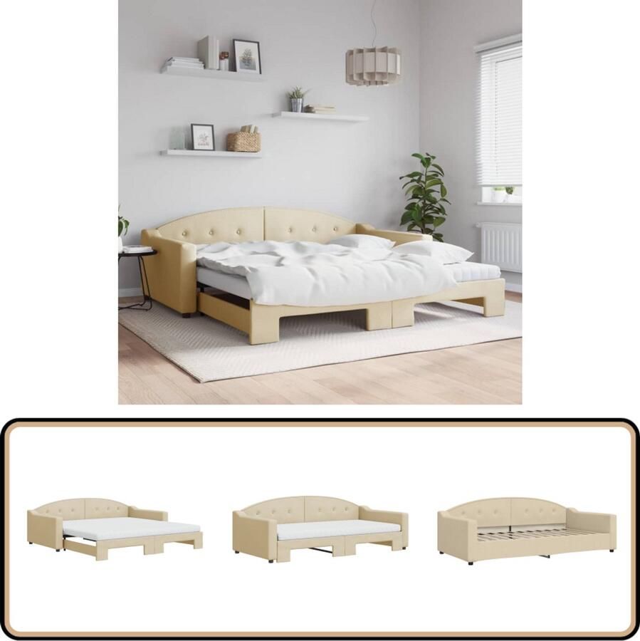 VidaXL Slaapbank met onderschuifbed Crème Inclusief matrassen Slaapbank Sofa Bed Tweepersoons Bed Crème Kleuren Meubels Stoffen Bank