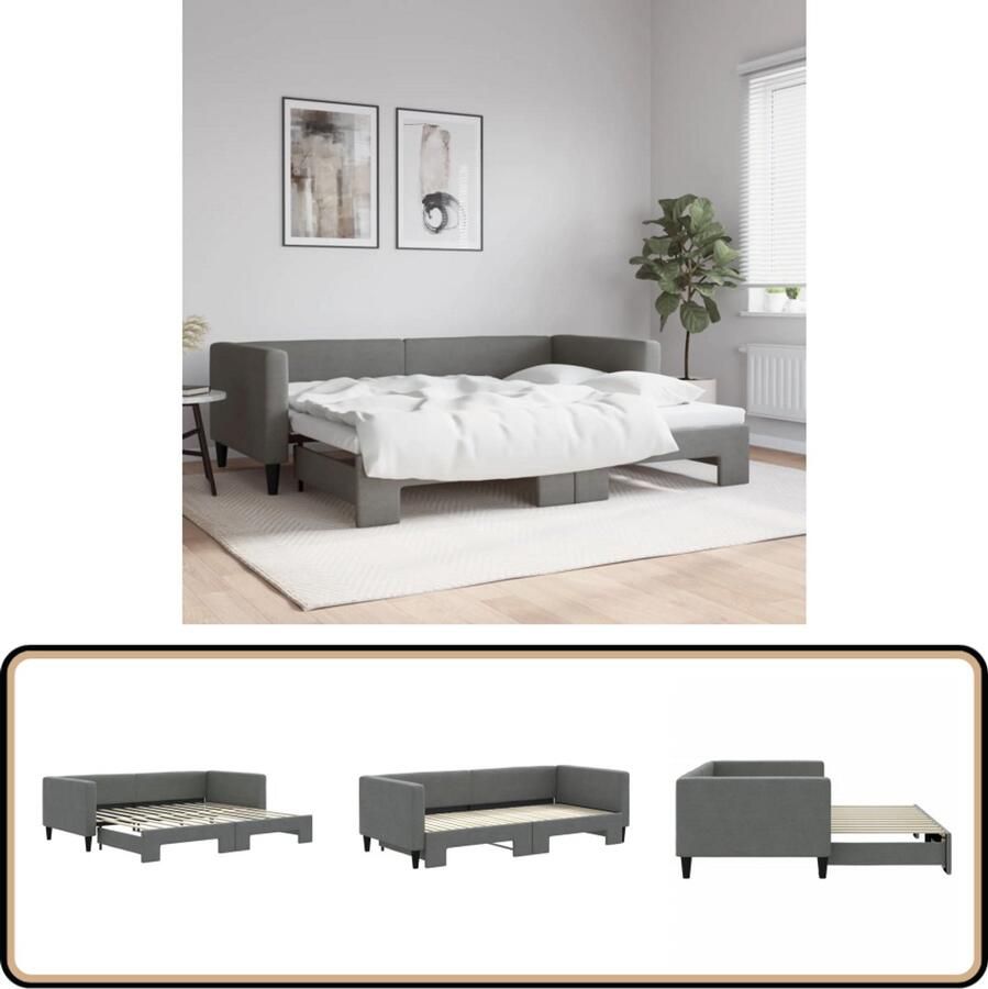 VidaXL Slaapbank met onderschuifbed Donkergrijs 90x200 cm Slaapbank Sofa Bed Tweepersoons Bed Donkere Kleuren Stoffen Meubels