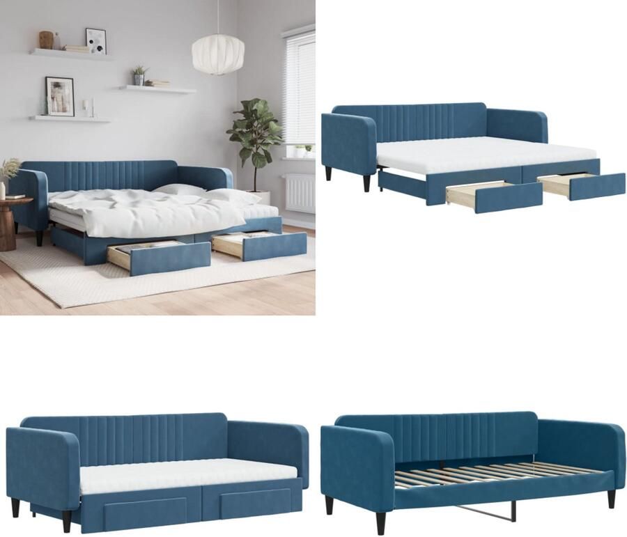 VidaXL Slaapbank met onderschuifbed en lades 100x200 cm fluweel blauw Slaapbank Met Onderschuifbed Slaapbanken Met Onderschuifbedden Slaapbank Bedbank