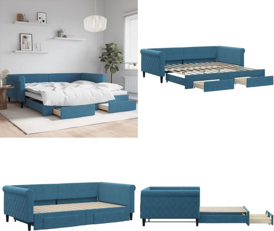 VidaXL Slaapbank met onderschuifbed en lades 100x200 cm fluweel blauw Slaapbank Met Onderschuifbed Slaapbanken Met Onderschuifbedden Slaapbank Bedbank