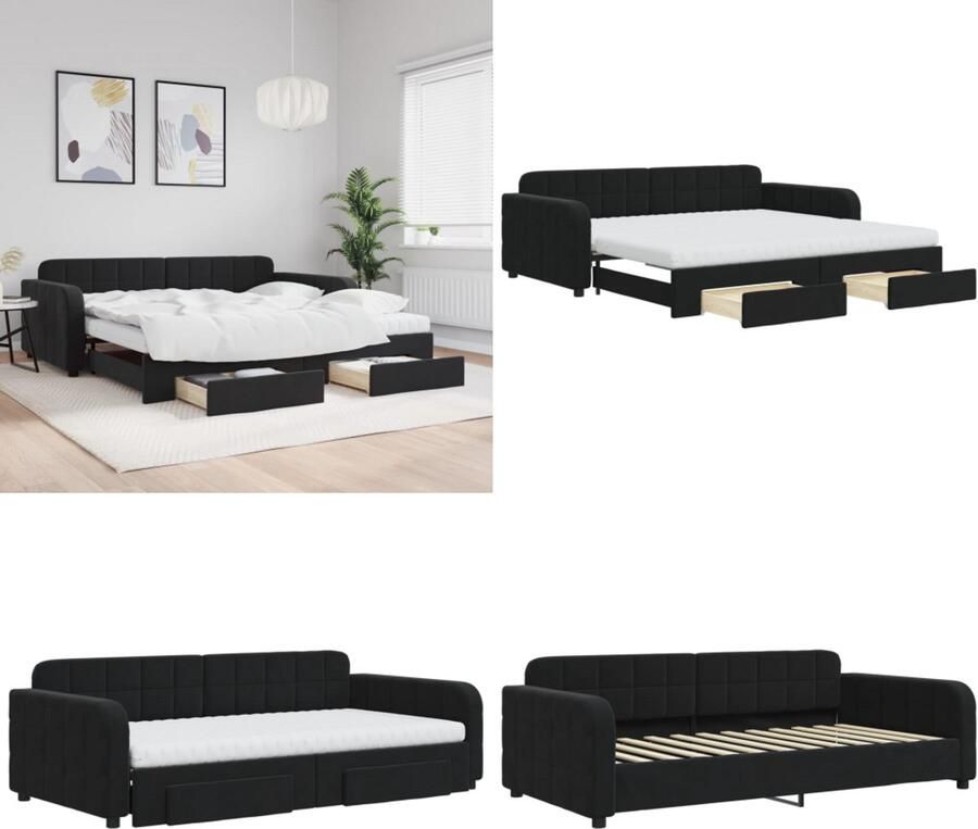 VidaXL Slaapbank met onderschuifbed en lades 100x200 cm fluweel zwart Slaapbank Met Onderschuifbed Slaapbanken Met Onderschuifbedden Slaapbank Logeerbed
