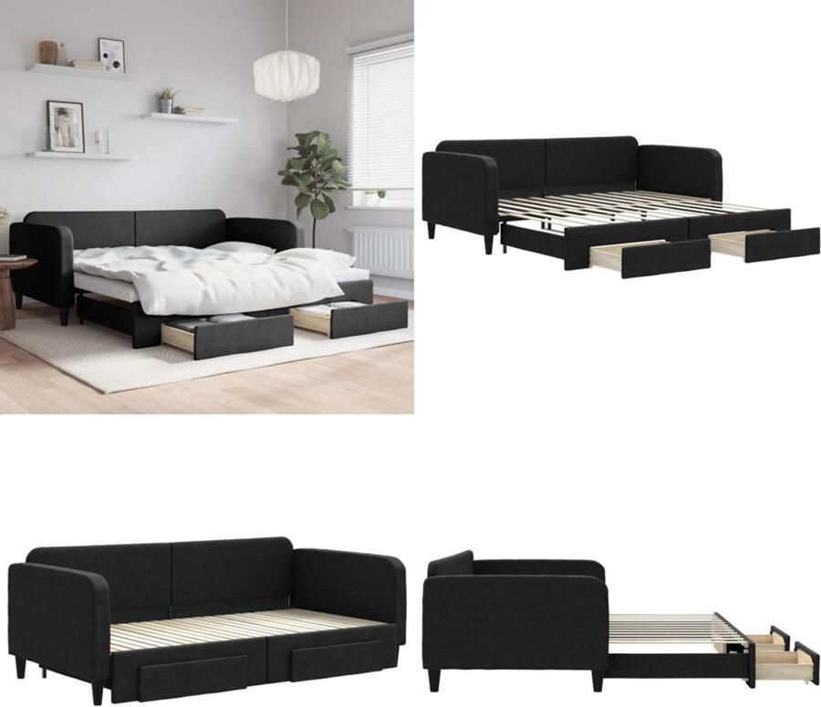 VidaXL Slaapbank met onderschuifbed en lades 100x200 cm stof zwart Slaapbank Met Onderschuifbed Slaapbanken Met Onderschuifbedden Slaapbank Bedbank
