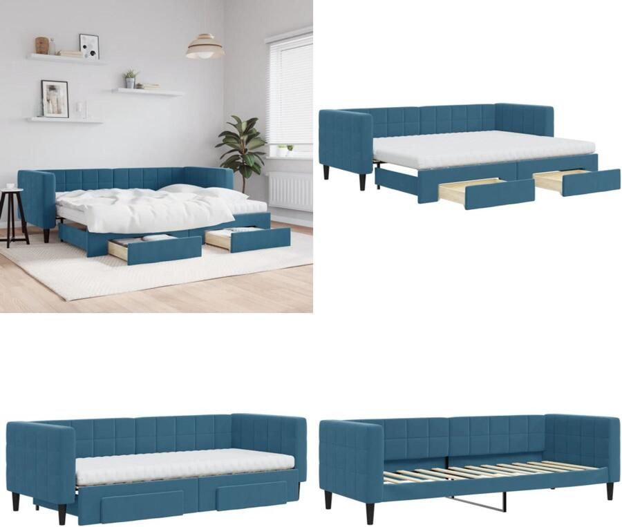 VidaXL Slaapbank met onderschuifbed en lades 80x200 cm fluweel blauw Slaapbank Met Onderschuifbed Slaapbanken Met Onderschuifbedden Slaapbank Bedbank