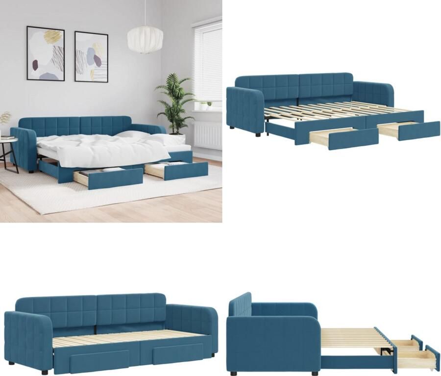 VidaXL Slaapbank met onderschuifbed en lades 80x200 cm fluweel blauw Slaapbank Slaapbanken Slaap Bank Slaapbank Met Onderschuifbed
