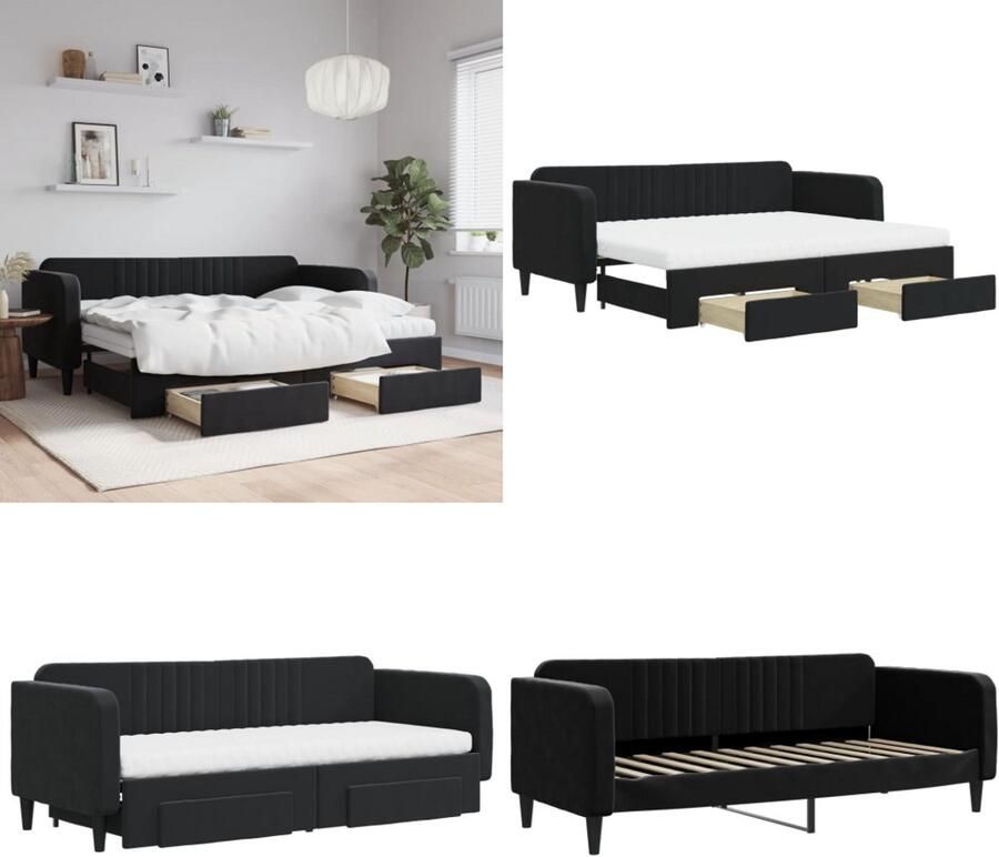 VidaXL Slaapbank met onderschuifbed en lades 80x200 cm fluweel zwart Slaapbank Met Onderschuifbed Slaapbanken Met Onderschuifbedden Slaapbank Bedbank