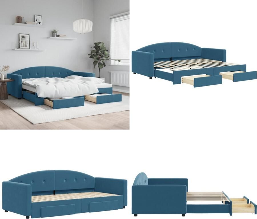 VidaXL Slaapbank met onderschuifbed en lades 90x200 cm fluweel blauw Slaapbank Met Onderschuifbed Slaapbanken Met Onderschuifbedden Slaapbank Bedbank