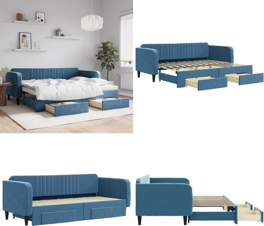 VidaXL Slaapbank met onderschuifbed en lades 90x200 cm fluweel blauw Slaapbank Met Onderschuifbed Slaapbanken Met Onderschuifbedden Slaapbank Bedbank