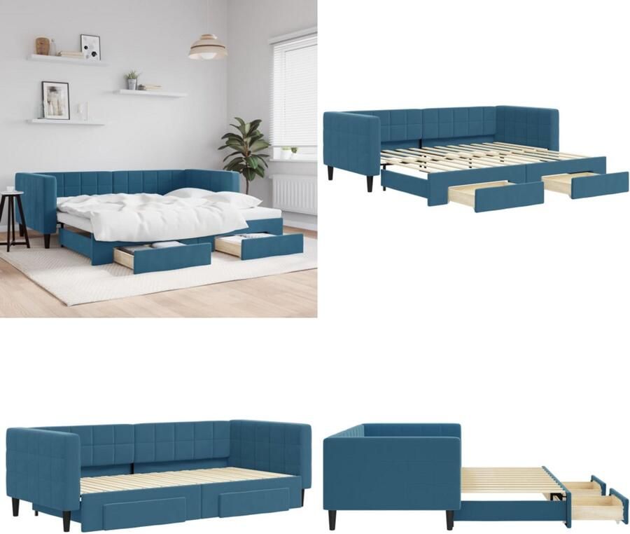 VidaXL Slaapbank met onderschuifbed en lades 90x200 cm fluweel blauw Slaapbank Met Onderschuifbed Slaapbanken Met Onderschuifbedden Slaapbank Bedbank