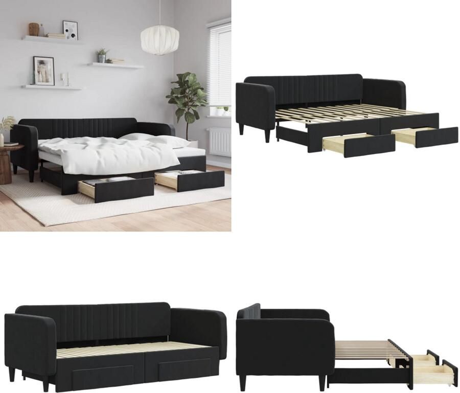 VidaXL Slaapbank met onderschuifbed en lades 90x200 cm fluweel zwart Slaapbank Met Onderschuifbed Slaapbanken Met Onderschuifbedden Slaapbank Bedbank