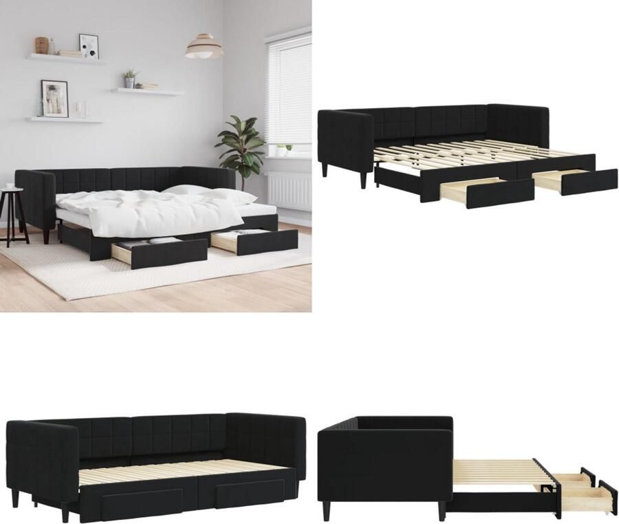 VidaXL Slaapbank met onderschuifbed en lades 90x200 cm fluweel zwart Slaapbank Met Onderschuifbed Slaapbanken Met Onderschuifbedden Slaapbank Bedbank