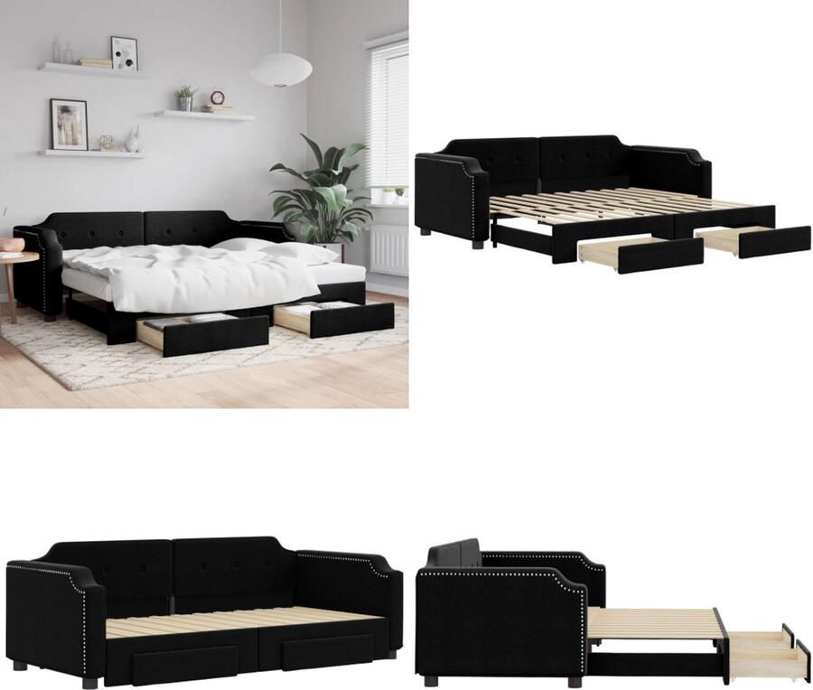 VidaXL Slaapbank met onderschuifbed en lades 90x200 cm stof zwart Slaapbank Met Onderschuifbed Slaapbanken Met Onderschuifbedden Slaapbank Bedbank