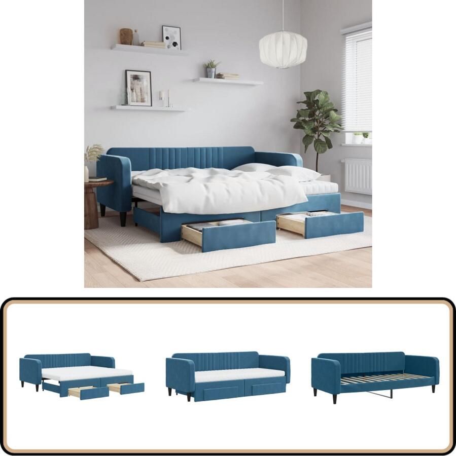 VidaXL Slaapbank met onderschuifbed en lades Blauw Slaapbank Sofa Bed Tweepersoons Bed Fluweelsofa Blauwe Meubels