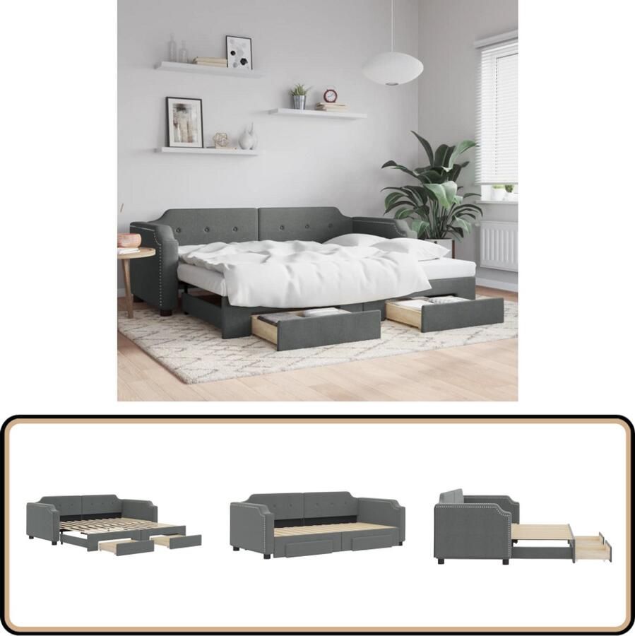 VidaXL Slaapbank Met onderschuifbed en lades Donkergrijs Slaapbank Sofa Bed Tweepersoonsbed Donkere Meubels Multifunctioneel Meubel