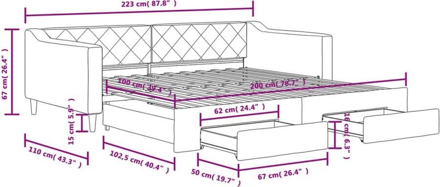 VidaXL Slaapbank met onderschuifbed en lades Donkergrijs Slaapbank Tweepersoonsbed Donkere Meubels Veelzijdige Meubels Opbergmeubilair