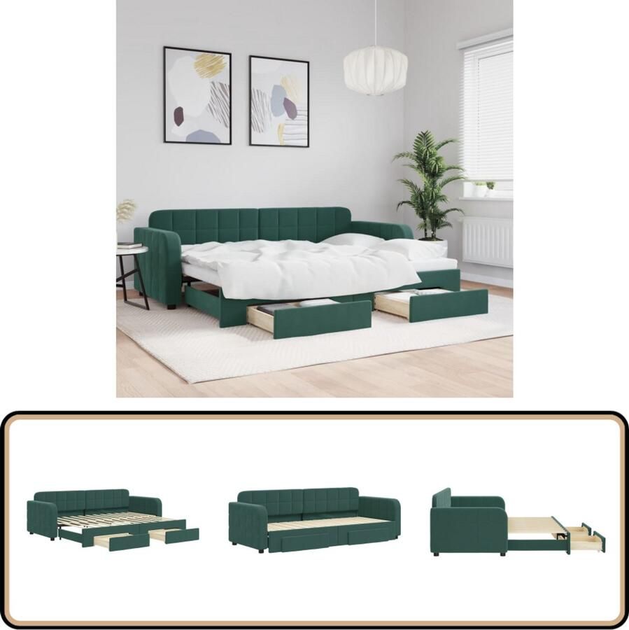 VidaXL Slaapbank met onderschuifbed en lades Donkergroen Slaapbank Tweepersoons Sofa Bed Donkergroene Bank Lounge Bank Multifunctionele Meubels