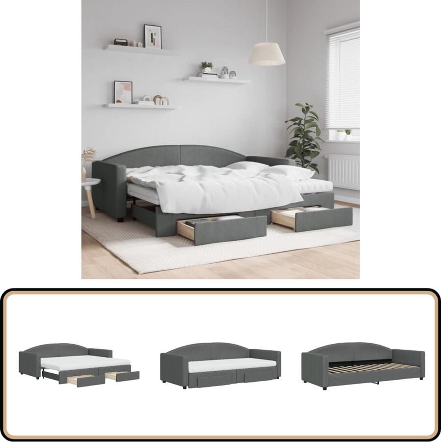 VidaXL Slaapbank met onderschuifbed en lades Stof Donkergrijs Slaapbank Sofa Bed Tweepersoons Bed Donkere Meubels Grijs Interieur Opbergruimte Boxspring Alternatief Guest Bed