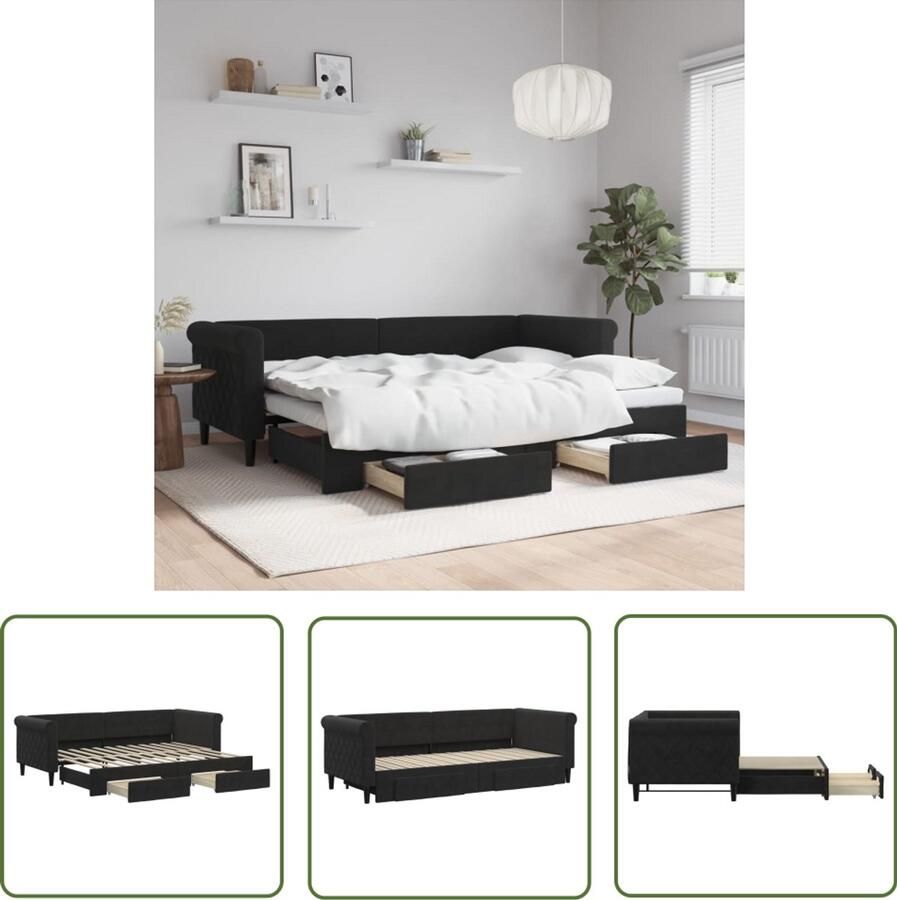 VidaXL Slaapbank met onderschuifbed en lades Zwart Slaapbank Onderschuifbed Tweepersoonsbed Lounge Sofa Multifunctioneel Meubilair Zwarte Slaapbank Velvet Sofa Stoere Bank Moderne Bank