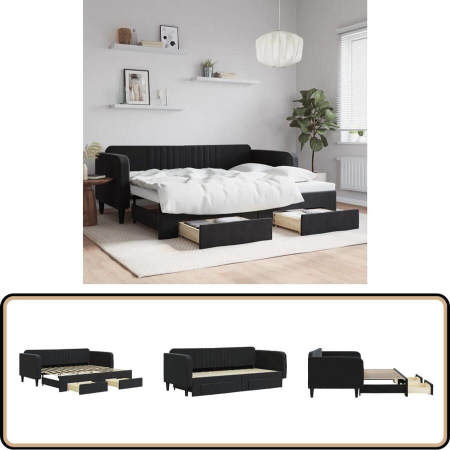 VidaXL Slaapbank met onderschuifbed en lades Zwart Slaapbank Tweepersoonsbed Onderschuifbed Lounge Sofa Zitmeubel