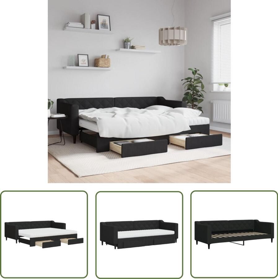 VidaXL Slaapbank met onderschuifbed en lades Zwart Slaapbank Tweepersoonsbed Sofa Bed Kanapé Bed Boxspring Lounge Meubels Multifunctioneel Meubel Zwarte Slaapbank