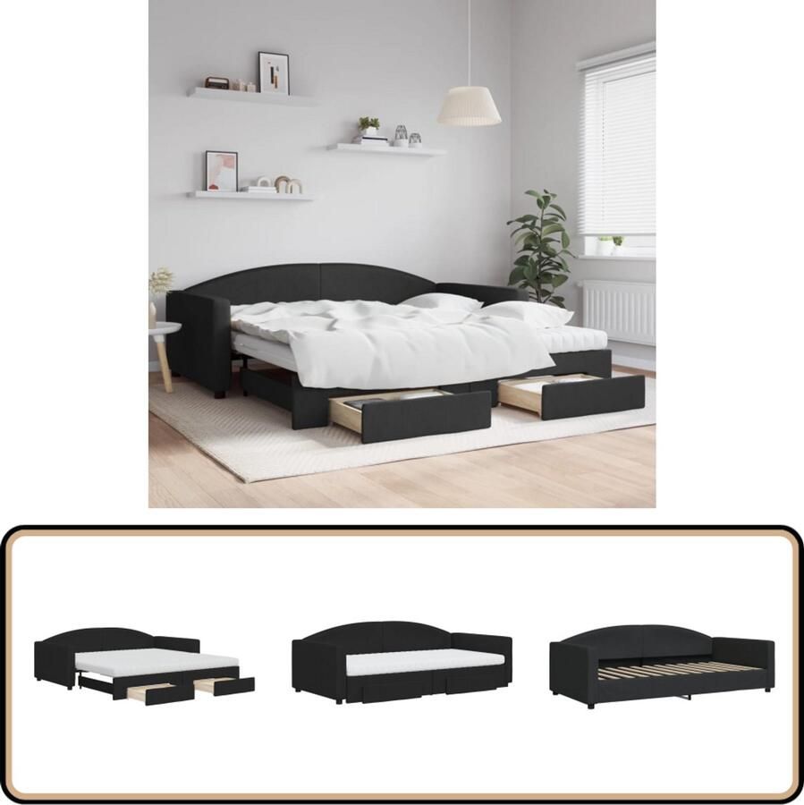 VidaXL Slaapbank met onderschuifbed en lades zwart Slaapbank Zweefbank Boxspring Bed Meubels Lounge Livingroom Slaapkamer Compact Praktisch Opslagruimtes Onderkast Matras Zitzak Stoffen Sofa Design Meubel