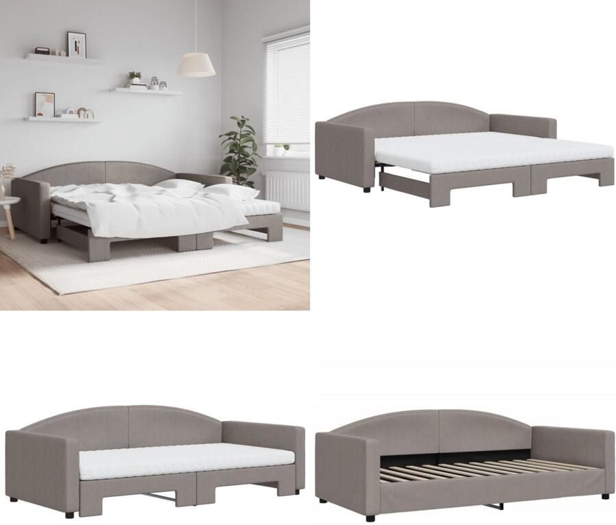 VidaXL Slaapbank met onderschuifbed en matrassen 100x200 cm stof taupe Slaapbank Met Onderschuifbed Slaapbanken Met Onderschuifbedden Slaapbank Bedbank